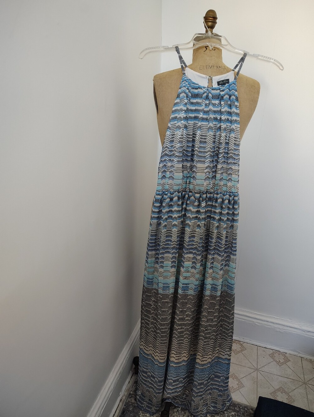 Lily Rose Blue and Gray Printed Halter Maxi Dress